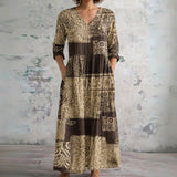 Vicki brown and cream batik block maxi dress, front view