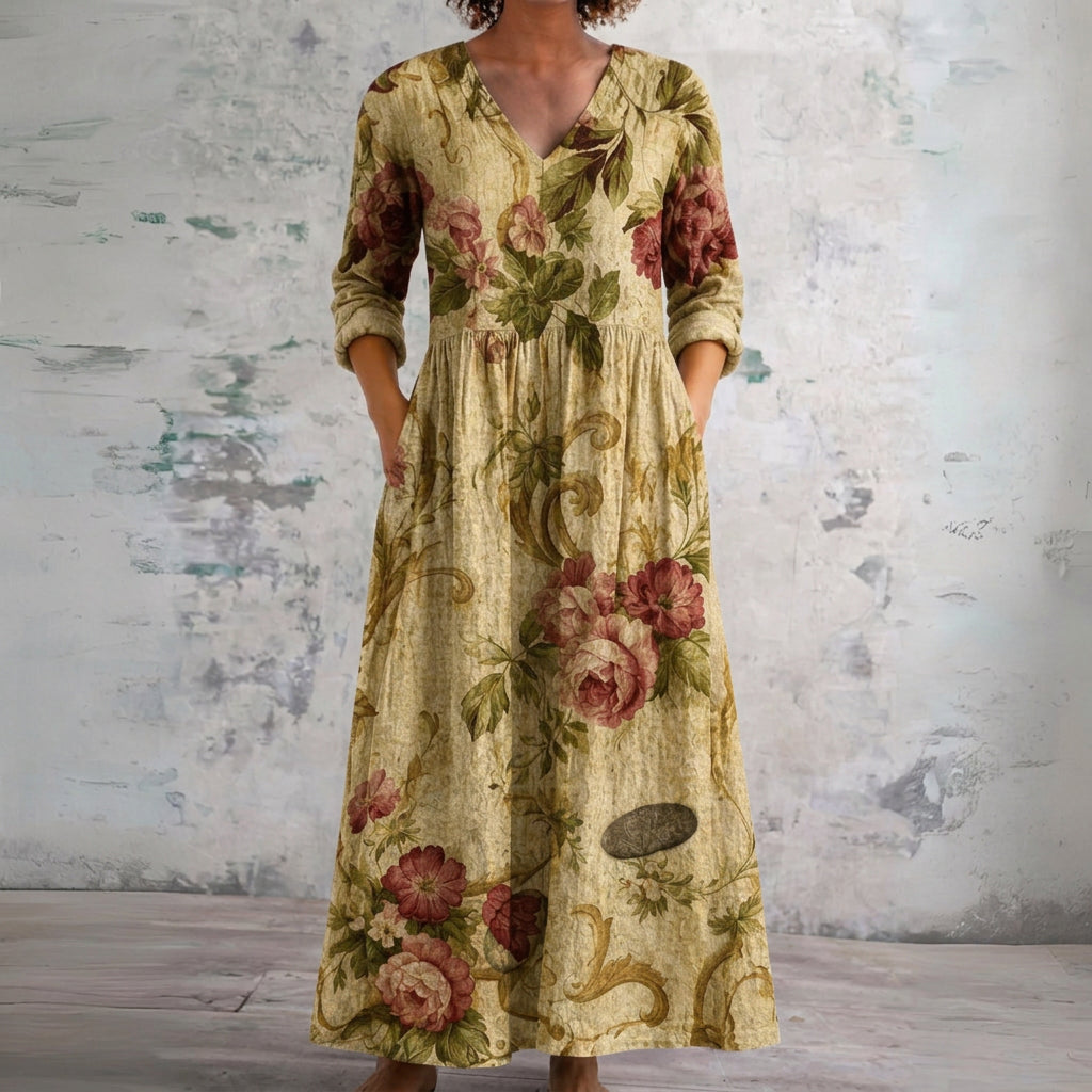 Joy beige maxi dress with antique roses, front view