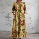 Joy beige maxi dress with antique roses, front view