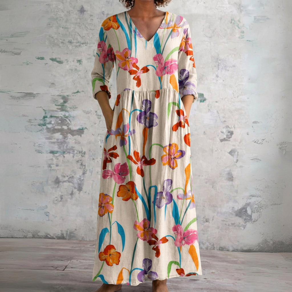 Anita cream maxi dress with painted wildflowers, front view