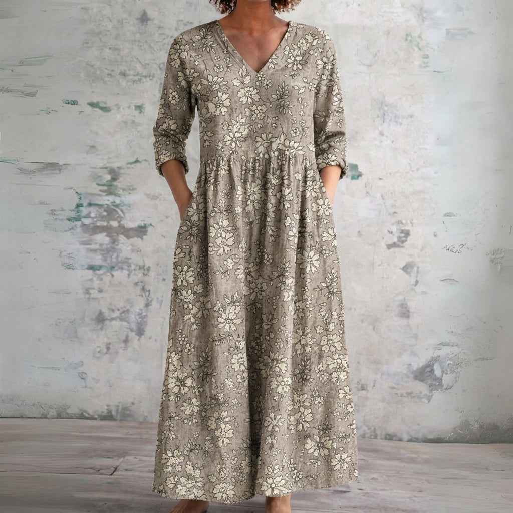 Trudy taupe maxi dress with sketched meadow florals, front view