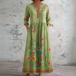 Mabel green maxi dress with rose border, front view