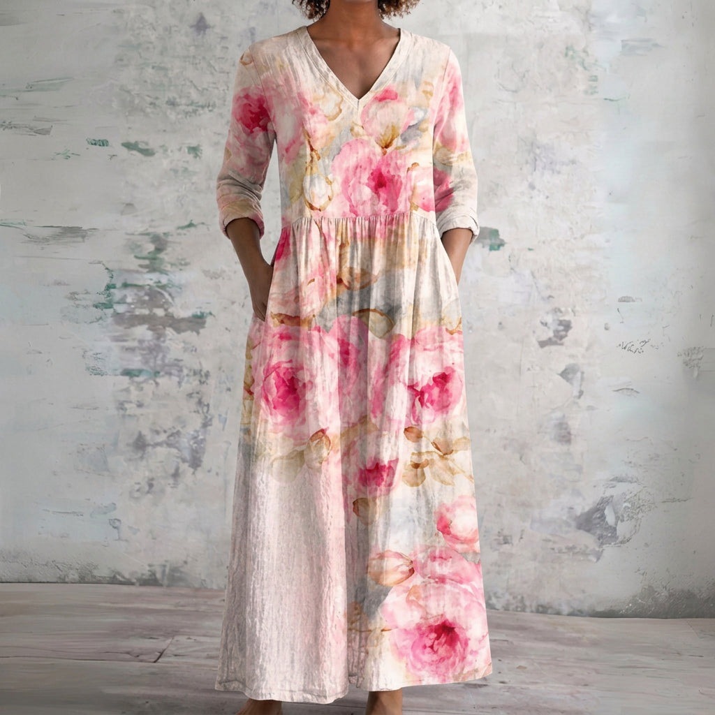 Sara blush maxi dress with soft roses, front view