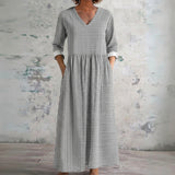 Lindy grey fine stripe maxi dress, front view