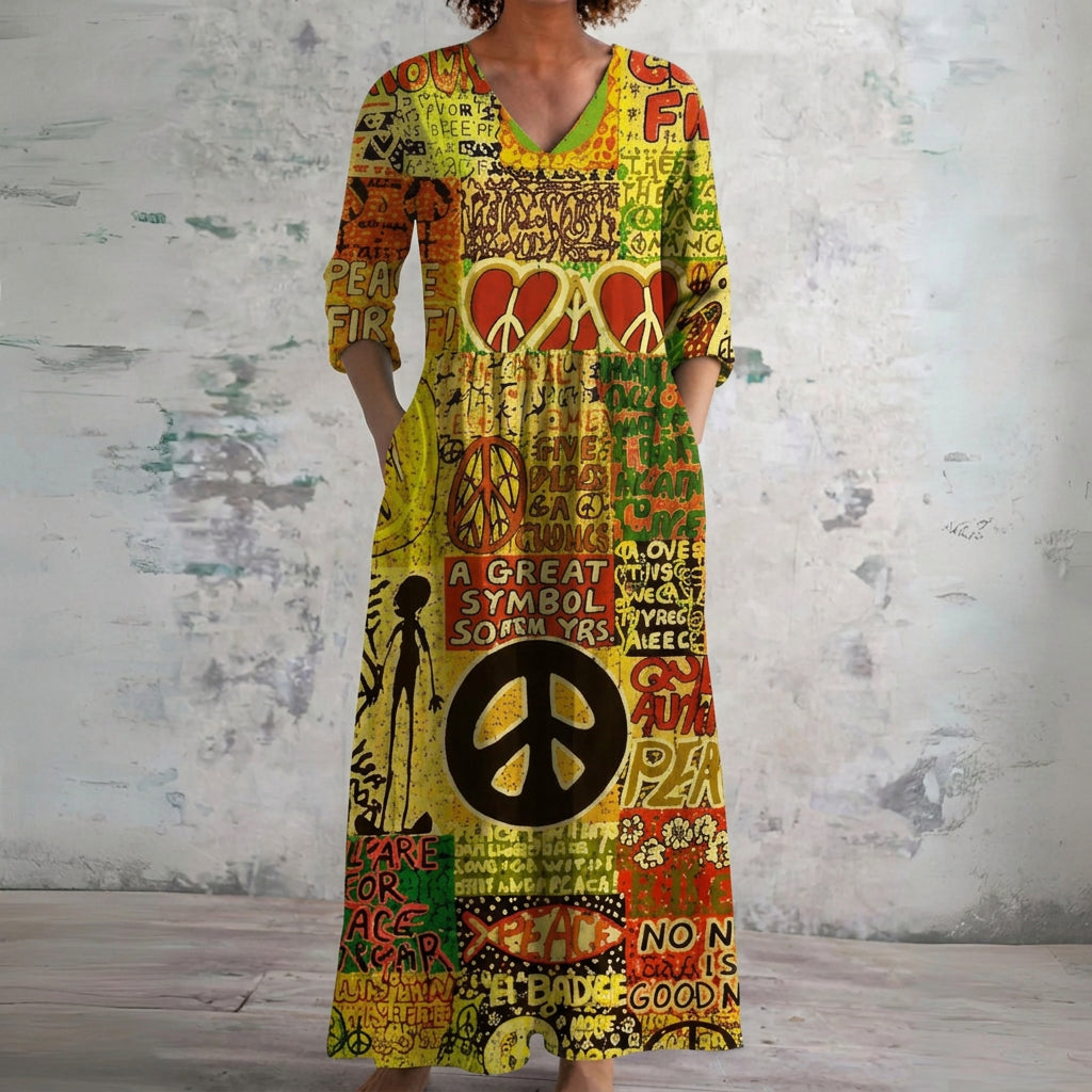 Rebel olive maxi dress with peace print, front view