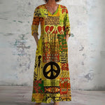 Rebel olive maxi dress with peace print, front view