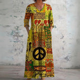Rebel olive maxi dress with peace print, front view