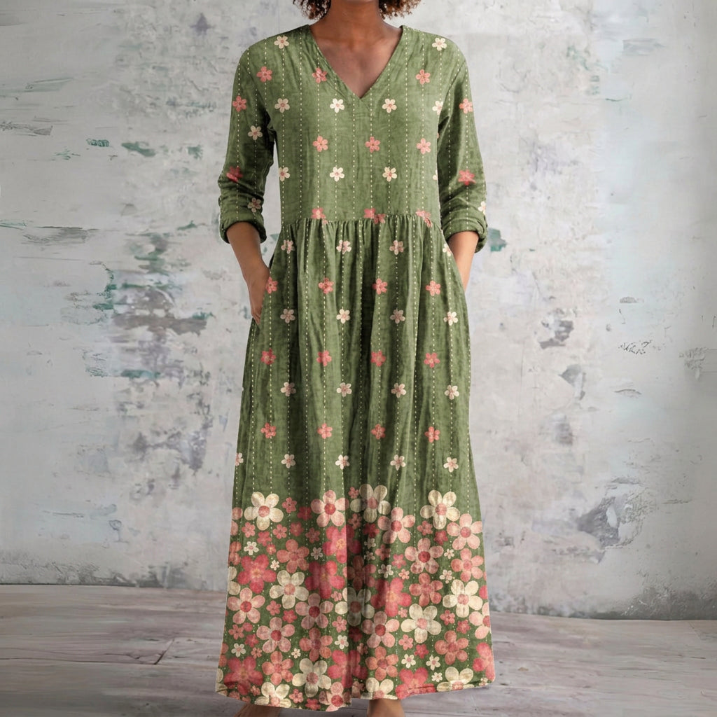 Libby green maxi dress with pink floral border, front view
