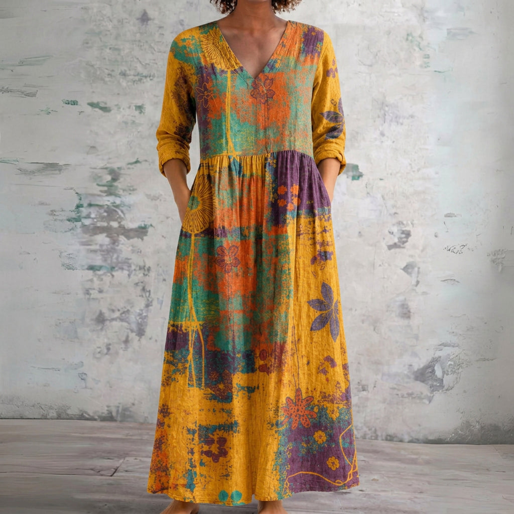 Mena mustard patchwork panel maxi dress, front view