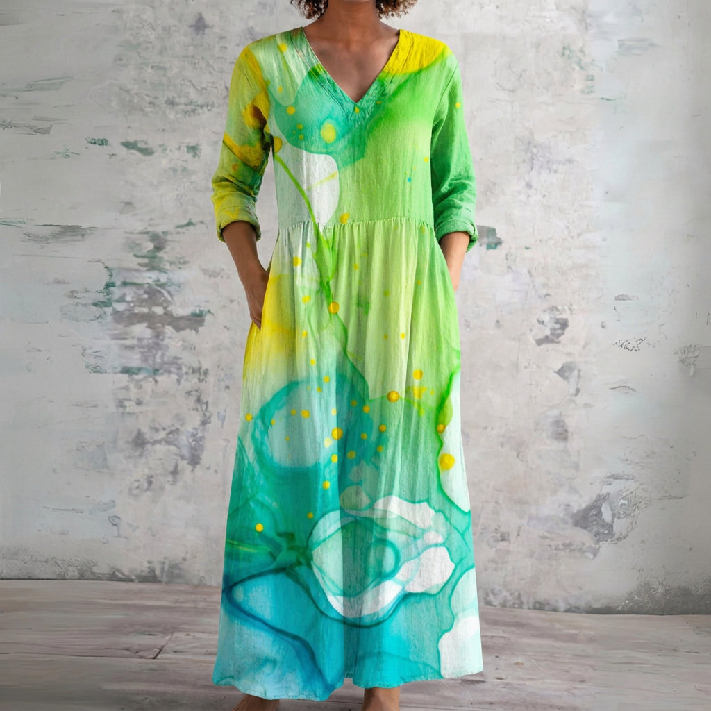 Opal green watercolour wash maxi dress, front view