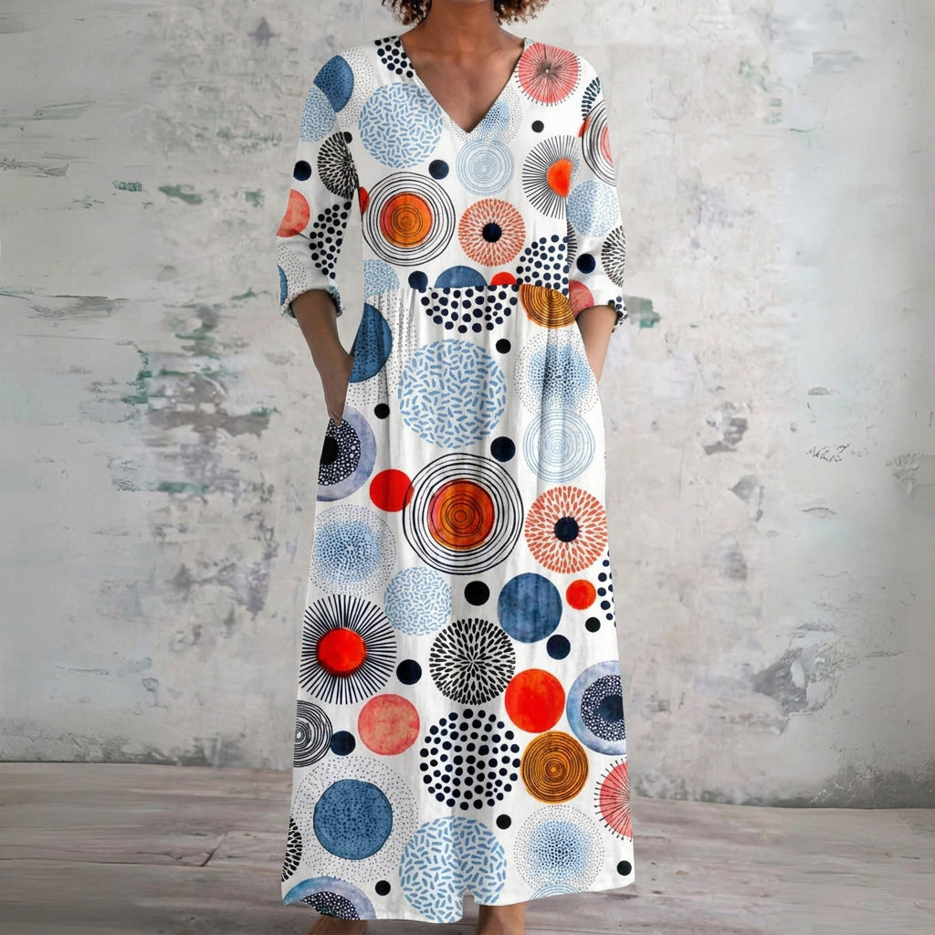 Penny white maxi dress with mosaic circles, front view