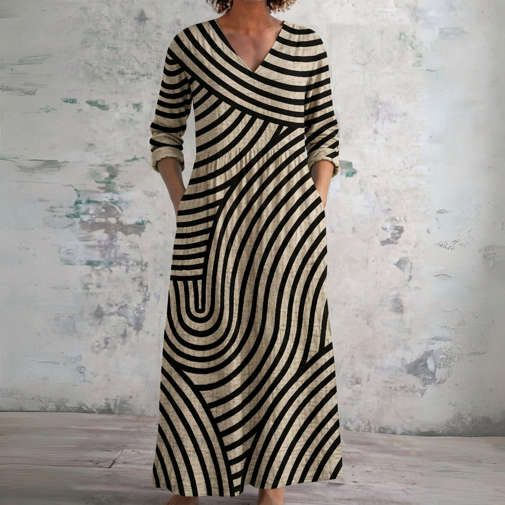 Nadia black and cream curved stripe maxi dress, front view