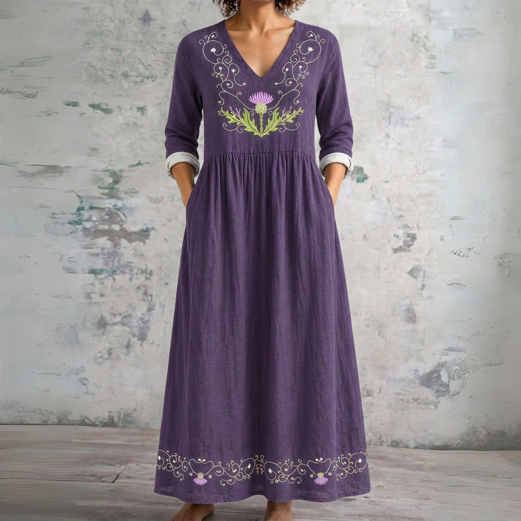 Sue purple maxi dress with embroidered thistle, front view