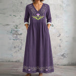 Sue purple maxi dress with embroidered thistle, front view