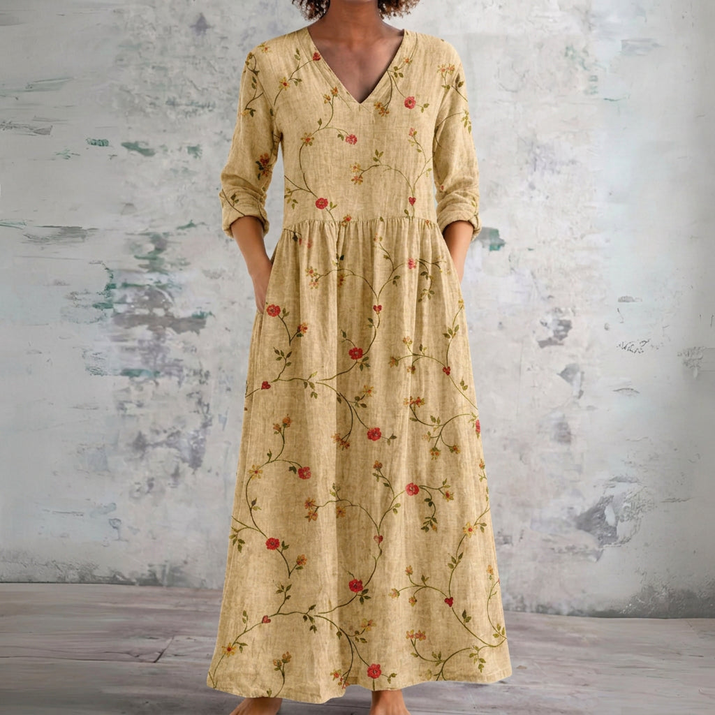 April beige maxi dress with red berry sprigs, front view