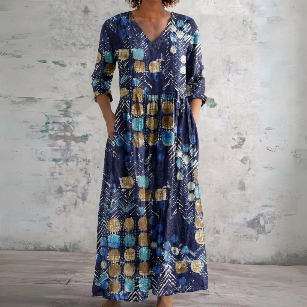 Cindy navy maxi dress with gold mosaic, front view