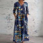 Cindy navy maxi dress with gold mosaic, front view