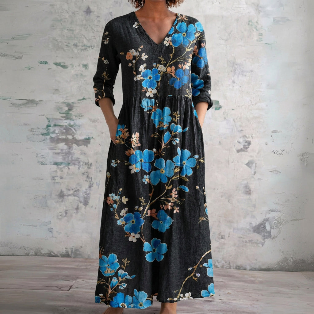 Olive black maxi dress with sapphire blossoms, front view