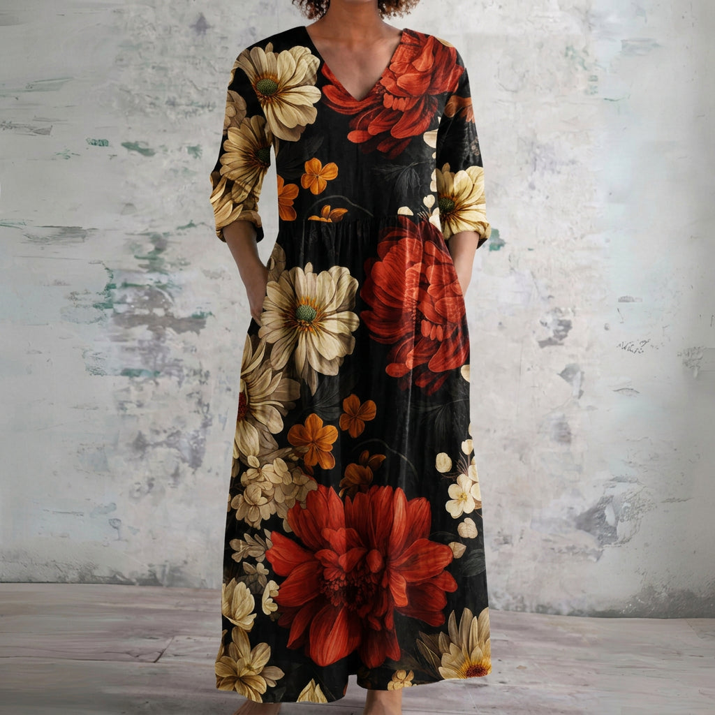 Stacey black maxi dress with crimson blooms, front view