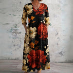 Stacey black maxi dress with crimson blooms, front view