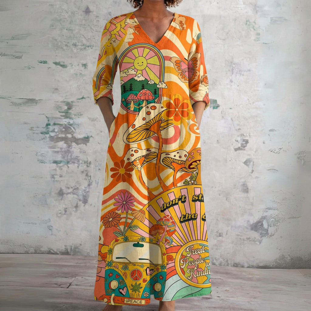 Casey orange retro sun print maxi dress, front view