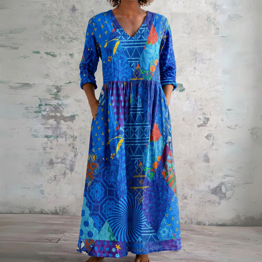 Sian blue geometric bird print maxi dress, front view