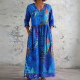 Sian blue geometric bird print maxi dress, front view