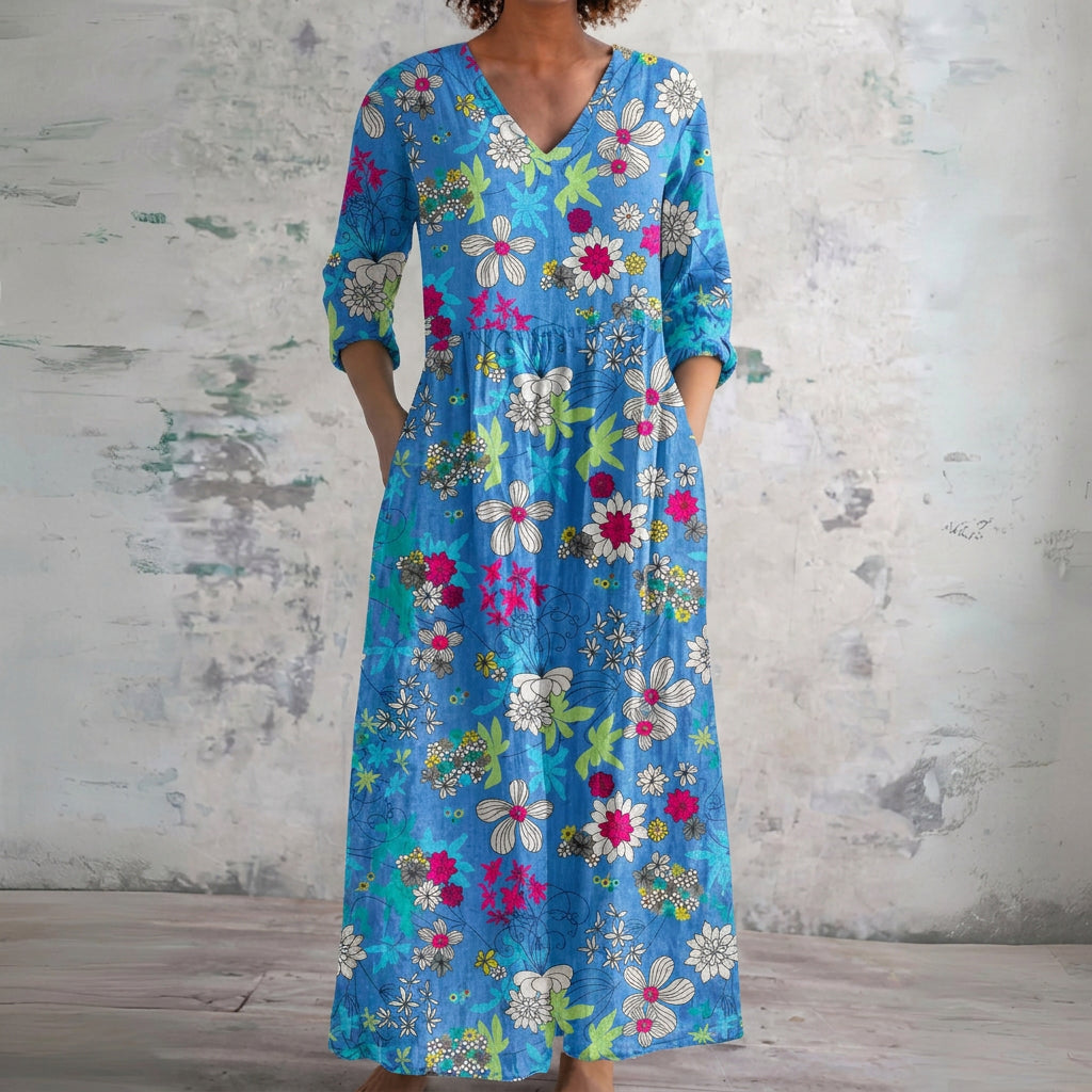 Brooke azure maxi dress with wildflowers, front view