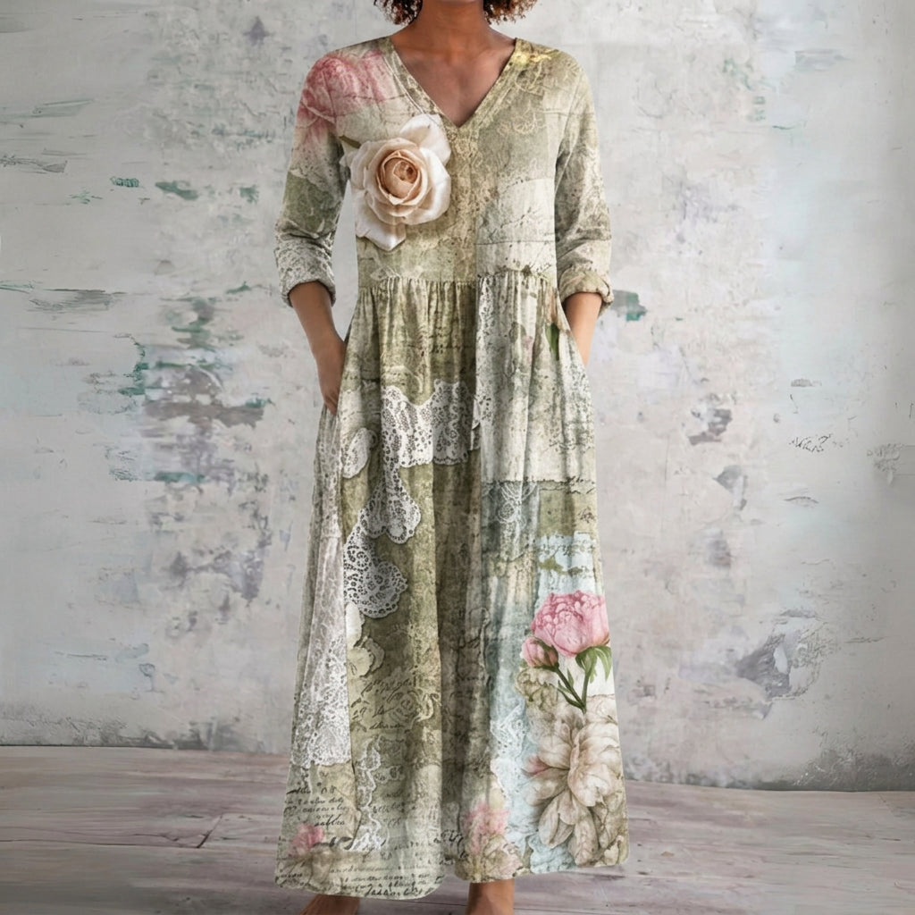 Jan sage maxi dress with single rose, front view