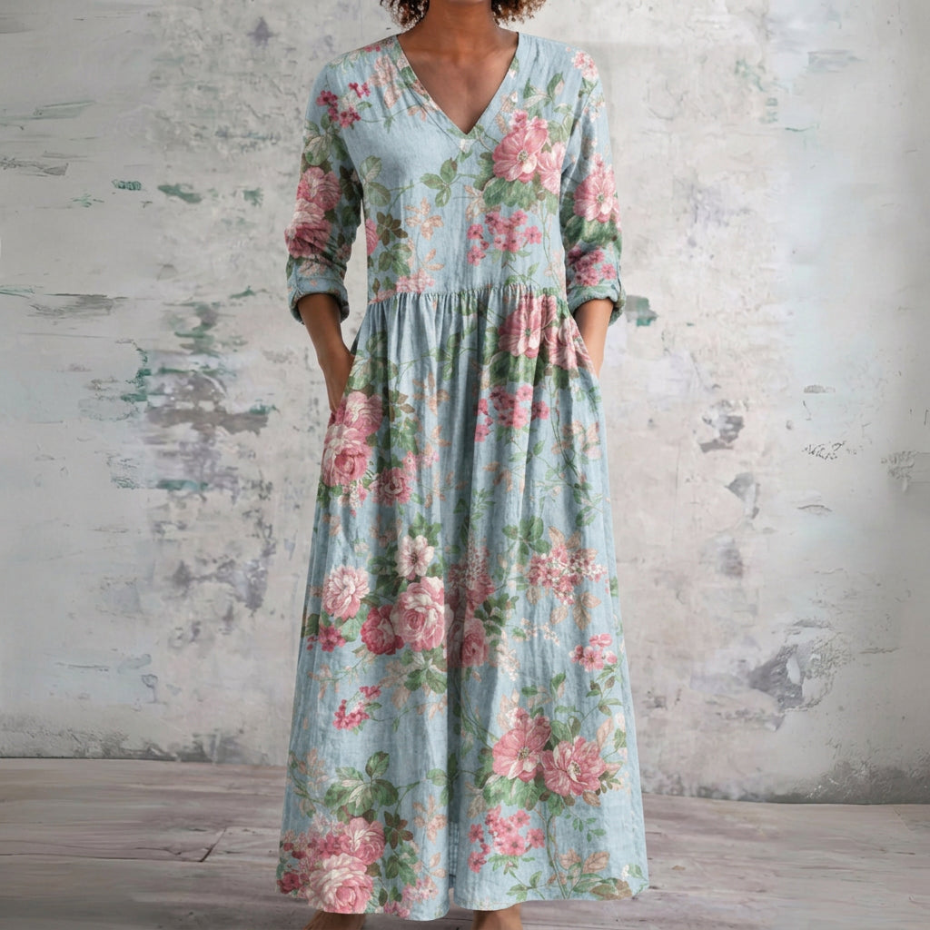 Cherie pale blue maxi dress with pink roses, front view