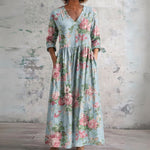 Cherie pale blue maxi dress with pink roses, front view
