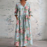 Cherie pale blue maxi dress with pink roses, front view