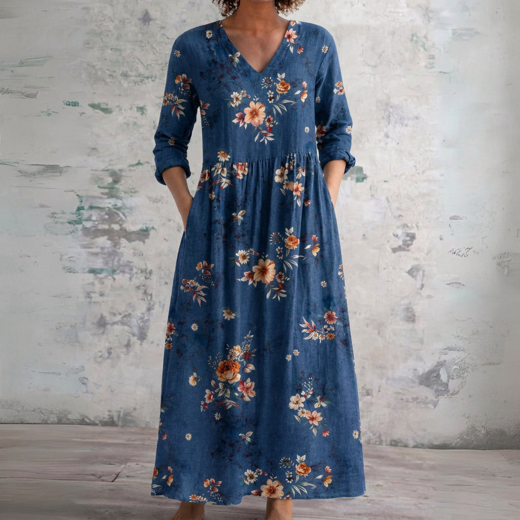 Susie navy maxi dress with rust florals, front view