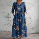 Susie navy maxi dress with rust florals, front view