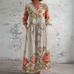 Adele cream maxi dress with coral poppies, front view