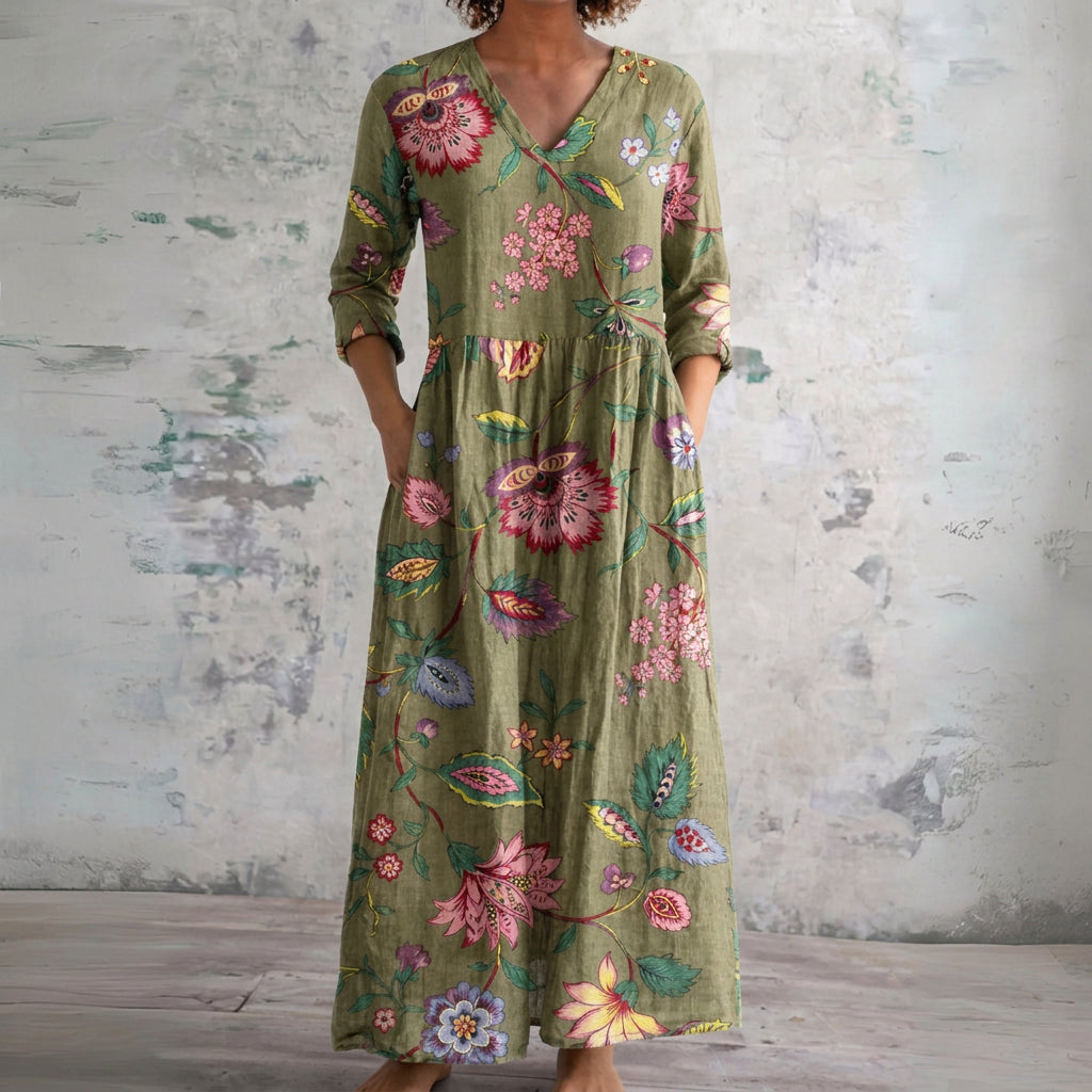 Sally olive maxi dress with blossoms and butterflies, front view