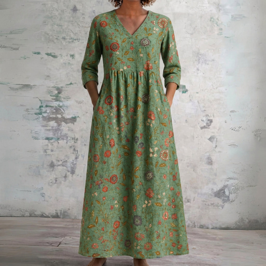 Gemma green maxi dress with small red florals, front view