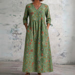 Gemma green maxi dress with small red florals, front view