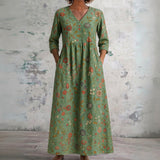 Gemma green maxi dress with small red florals, front view