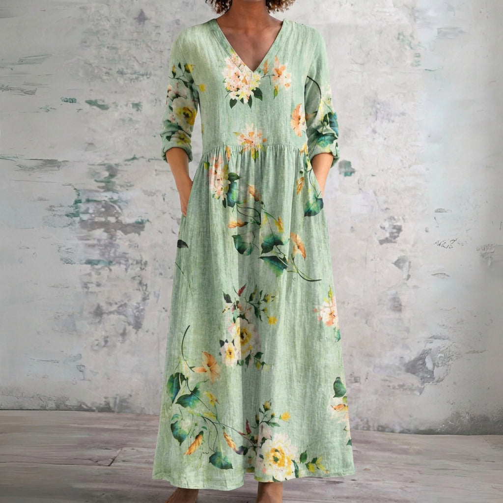 Bec sage green maxi dress with soft florals, front view