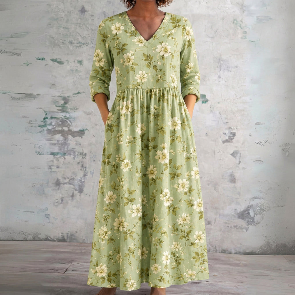 Nancy pale green maxi dress with white daisies, front view