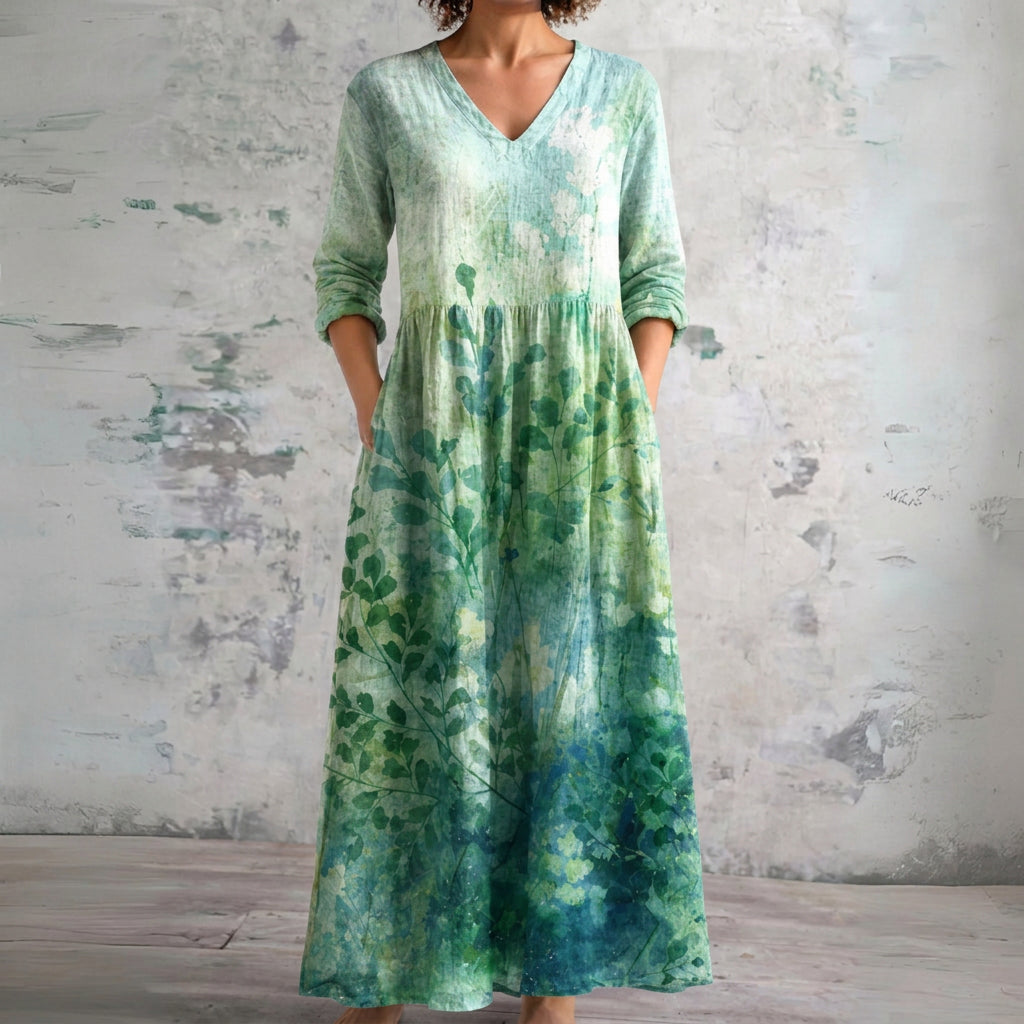 Julia green watercolour ombre maxi dress, front view