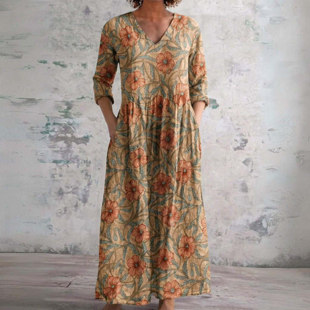 Tamara olive autumn paisley maxi dress, front view