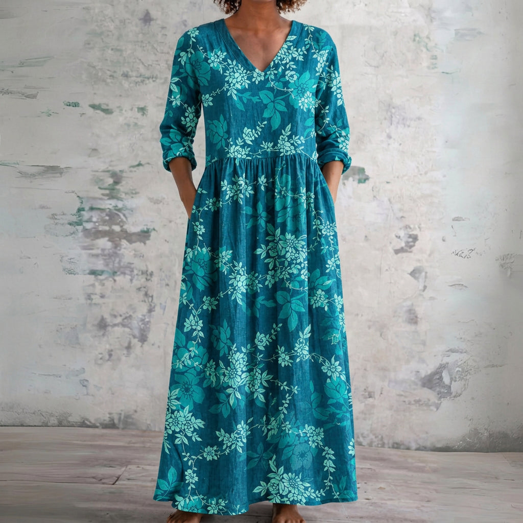 Phoebe teal maxi dress with white florals, front view