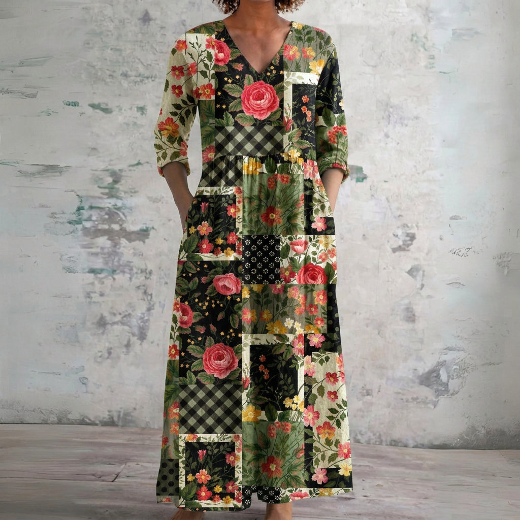 Jocelyn dark patchwork maxi dress with pink roses, front view