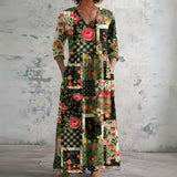 Jocelyn dark patchwork maxi dress with pink roses, front view