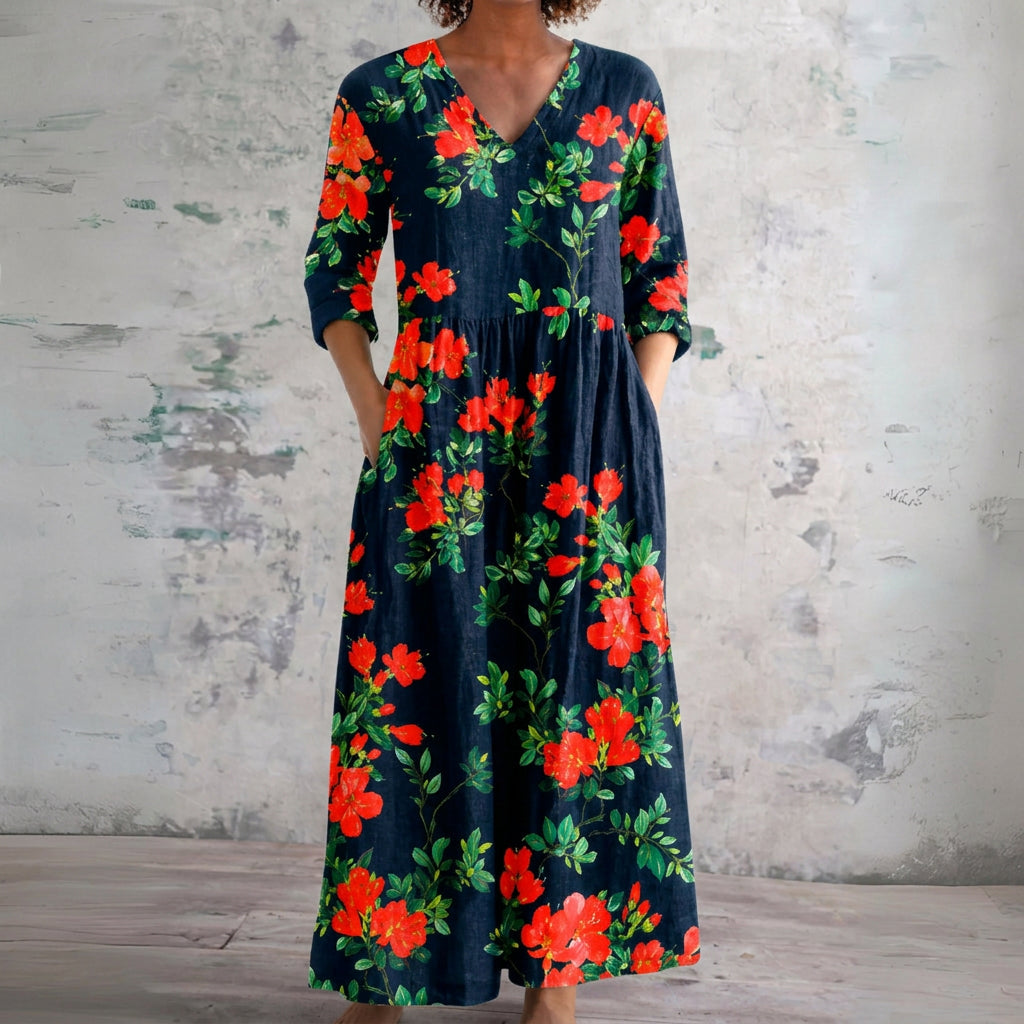 Juliet navy maxi dress with red poppies, front view