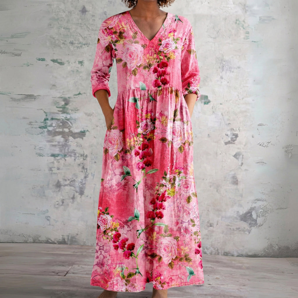 Hannah pink rose print maxi dress, front view