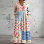 Imogen pink and blue floral patchwork maxi dress, front view