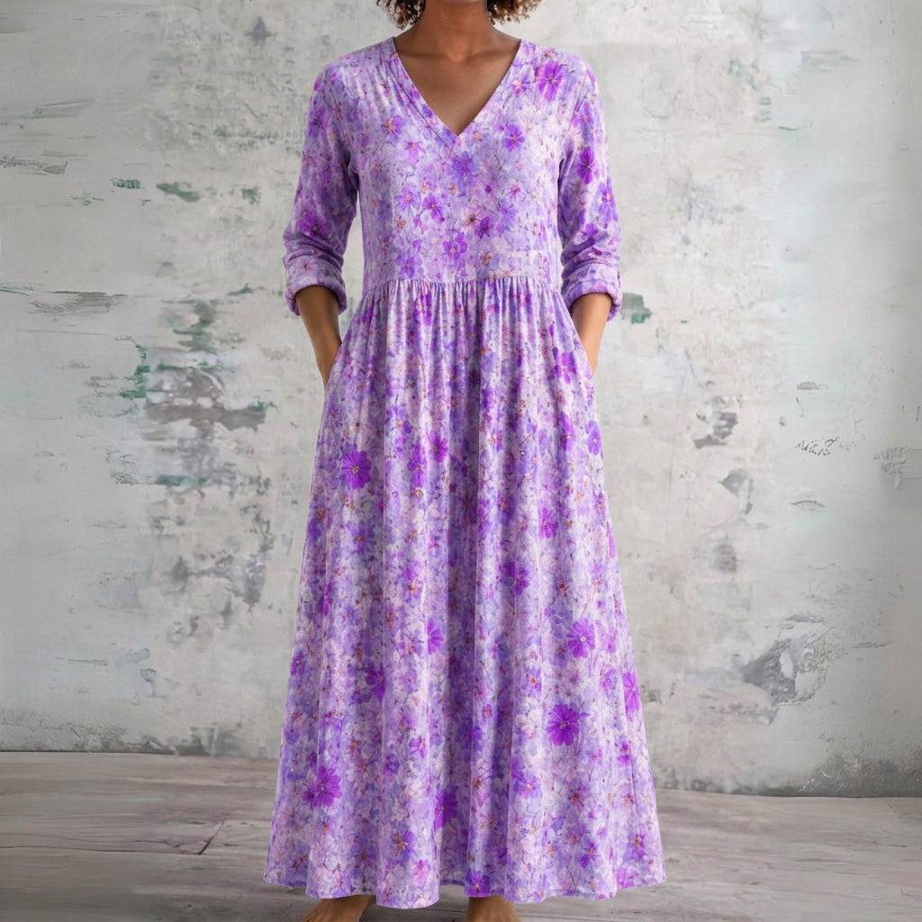 Lisa purple maxi dress with violet florals, front view